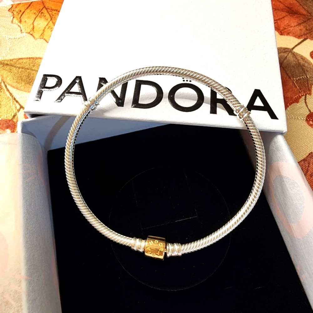 Pandora Moments Two-tone Barrel Clasp Snake Chain Bracelet - Picture 1 of 5